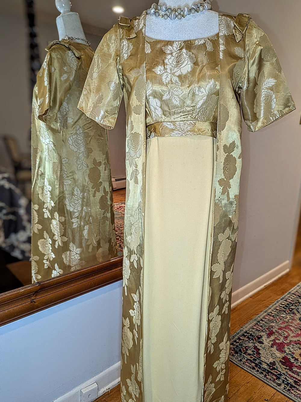 Gold Floral Two-Piece Evening Dress with Matching Long Jacket